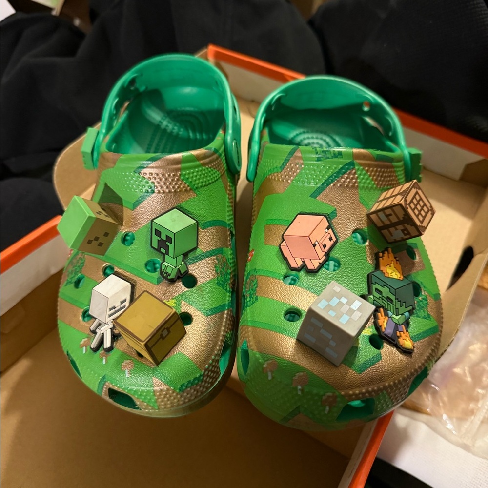 CROCS Kids Green and Tan Sandals with Character Accents